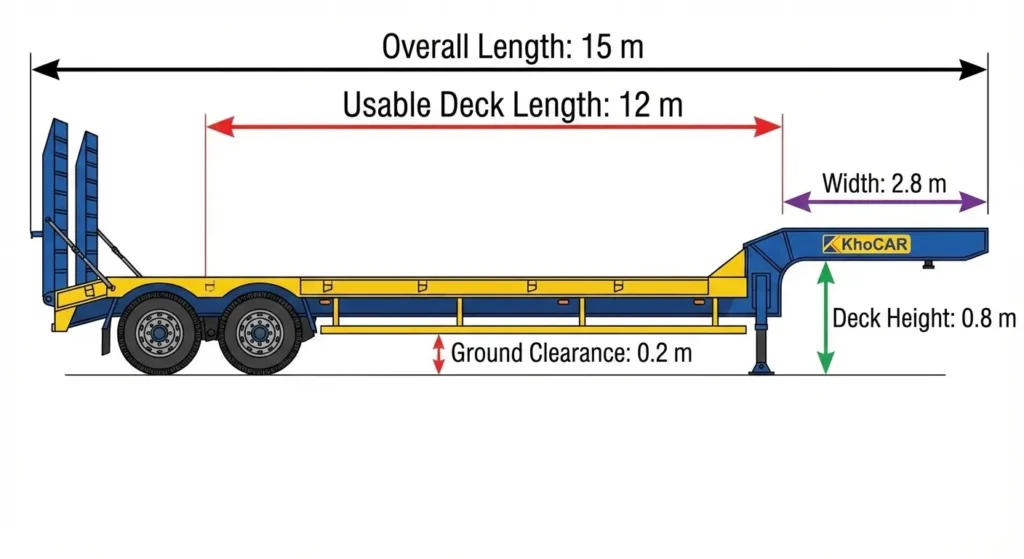 A technical side-profile illustration of a KhoCAR blue and yellow lowbed trailer. Color-coded arrows and labels indicate various dimensions: 'Overall Length: 15 m' (black arrow at top), 'Usable Deck Length: 12 m' (red arrow above deck), 'Width: 2.8 m' (purple arrow at gooseneck), 'Deck Height: 0.8 m' (green arrow from ground to deck), and 'Ground Clearance: 0.2 m' (red arrow from ground to frame). The KhoCAR logo is on the gooseneck.