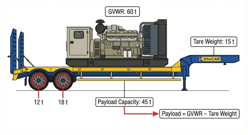 A side-profile technical diagram of the KhoCAR lowbed trailer loaded with a large industrial generator. Labels indicate 'GVWR: 60 t', 'Tare Weight: 15 t', and 'Payload Capacity: 45 t'. A formula reads 'Payload = GVWR – Tare Weight'. Red circles on the trailer's tires show axle loads of '12 t' and '18 t' for the rear tandem axles. The KhoCAR logo is visible on the trailer.