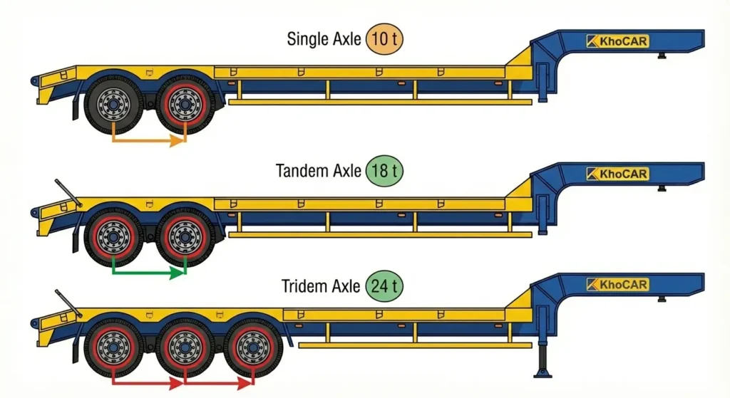 A stacked illustration showing three KhoCAR lowbed trailers with different axle configurations. The top trailer has a 'Single Axle' with a '10 t' weight limit and an orange distribution arrow. The middle trailer has a 'Tandem Axle' with a '18 t' weight limit and green distribution arrows. The bottom trailer has a 'Tridem Axle' with a '24 t' weight limit and red distribution arrows. Each trailer has the KhoCAR logo.