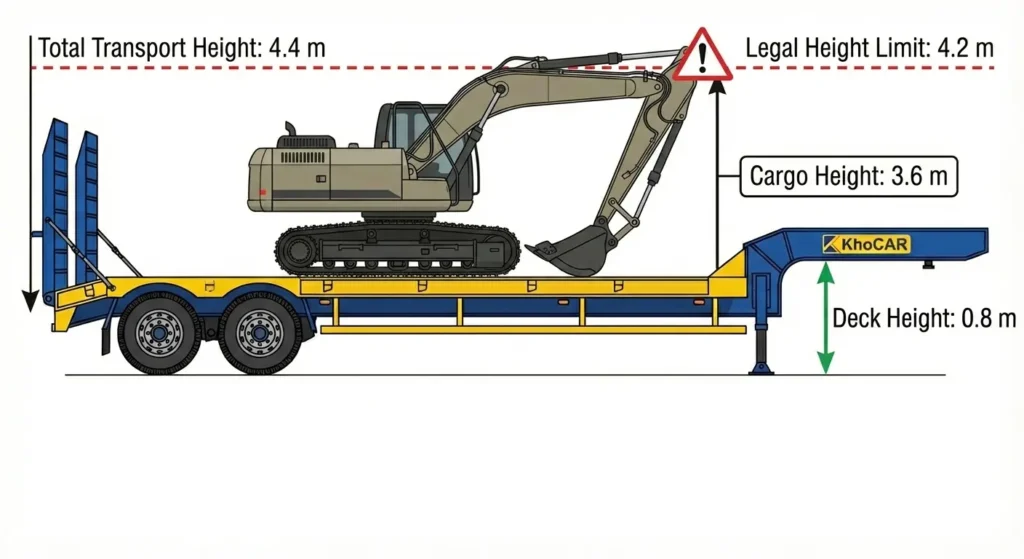 A side-profile technical illustration of a KhoCAR lowbed trailer loaded with a large excavator. Labels show 'Deck Height: 0.8 m', 'Cargo Height: 3.6 m', and 'Total Transport Height: 4.4 m'. A red dashed line indicates the 'Legal Height Limit: 4.2 m', which the excavator's boom exceeds. A red warning triangle with an exclamation mark highlights the height violation. The KhoCAR logo is on the trailer.