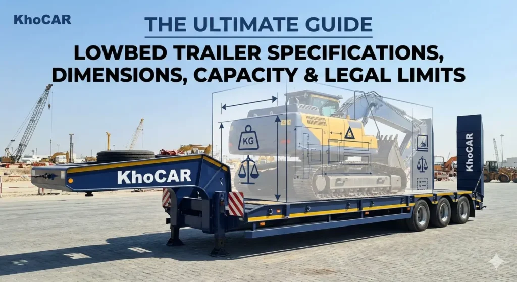 A heavy-duty blue and yellow lowbed trailer parked in a construction yard, featuring the "KhoCAR" brand logo on the gooseneck and ramps. A semi-transparent graphic of an excavator sits on the trailer bed, overlaid with technical dimension lines and weight capacity icons to illustrate specifications. Bold text at the top reads: "THE ULTIMATE GUIDE: LOWBED TRAILER SPECIFICATIONS, DIMENSIONS, CAPACITY & LEGAL LIMITS."