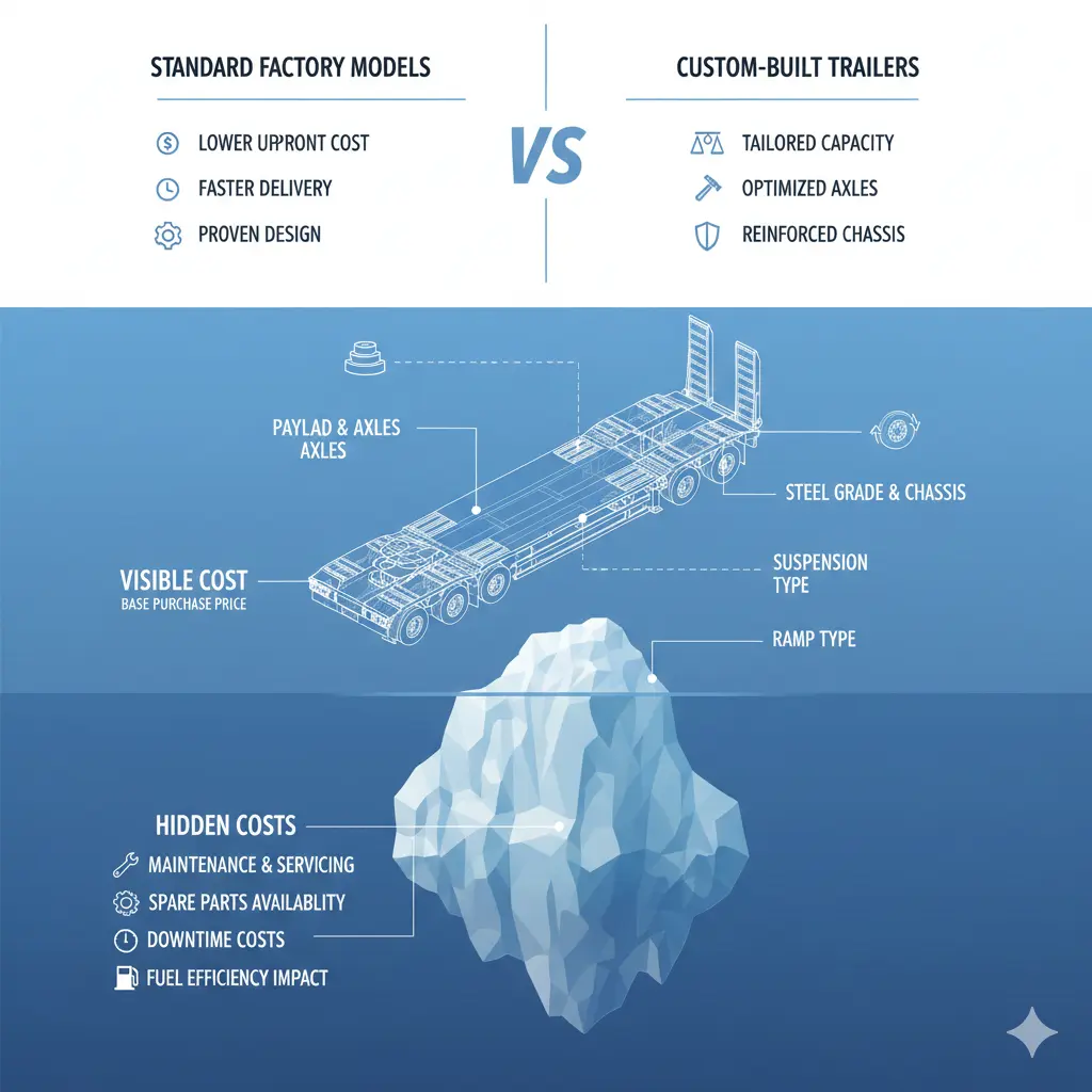 A comparative infographic for KhoCAR titled "Standard Factory Models vs. Custom-Built Trailers." The left side lists benefits of factory models like lower upfront cost and faster delivery. The right side highlights custom-built advantages including tailored capacity, optimized axles, and reinforced chassis.