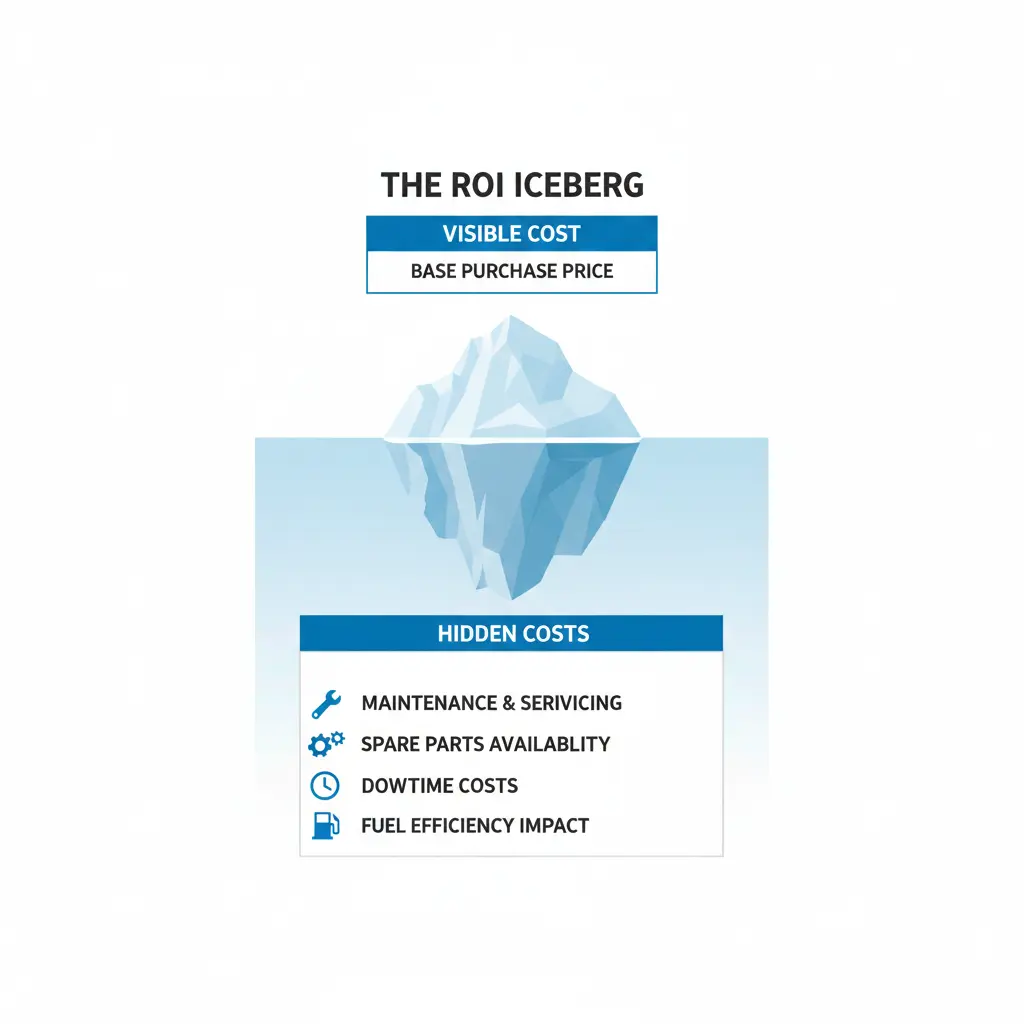An "ROI Iceberg" infographic illustrating the total cost of lowbed trailer ownership. The visible tip above water represents the "Base Purchase Price," while the larger submerged section reveals hidden long-term costs: Maintenance & Servicing, Spare Parts Availability, Downtime Costs, and Fuel Efficiency Impact.