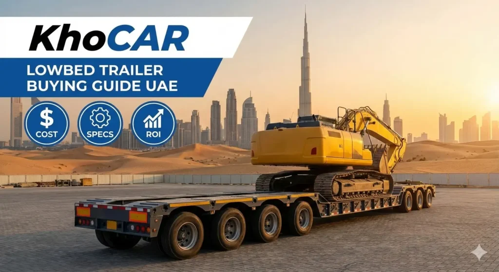 Featured image for KhoCAR showing a heavy-duty lowbed trailer carrying a yellow excavator, set against the Dubai city skyline at sunset. Text overlays read "KhoCAR," "LOWBED TRAILER BUYING GUIDE UAE," and include icons highlighting key topics: "Cost," "Specs," and "ROI."