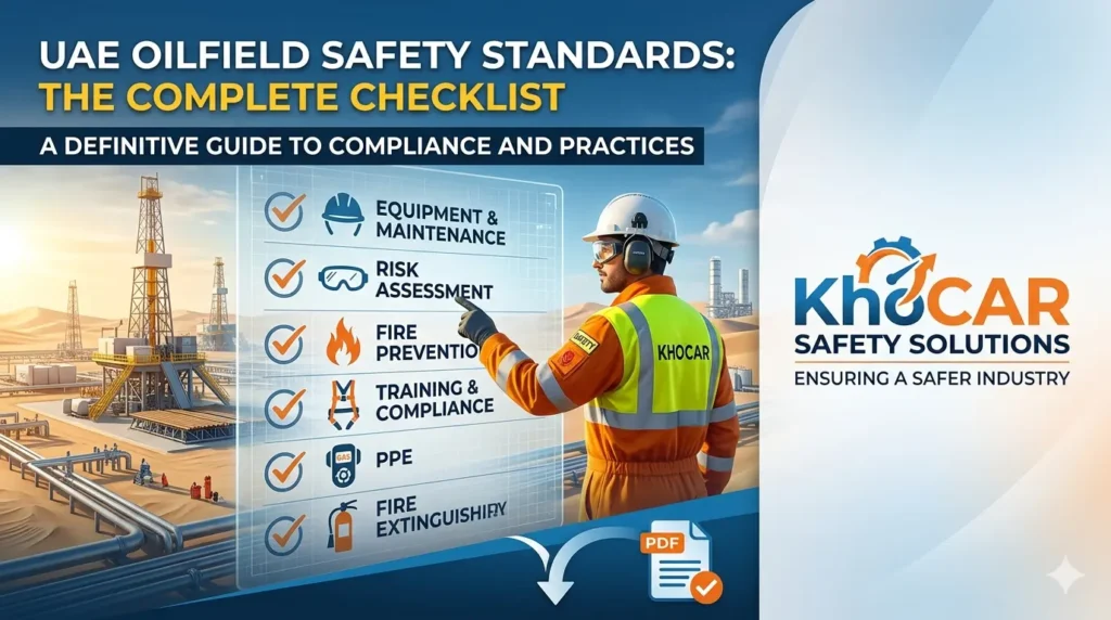 A professional featured image for KhoCAR Safety Solutions titled "UAE Oilfield Safety Standards: The Complete Checklist." The visual shows a safety specialist in high-visibility gear and a hardhat standing in a modern desert oilfield, interacting with a transparent digital hologram checklist. The checklist includes icons for Equipment Maintenance, Risk Assessment, and PPE. The KhoCAR logo is prominently displayed on the right with the tagline "Ensuring a Safer Industry."