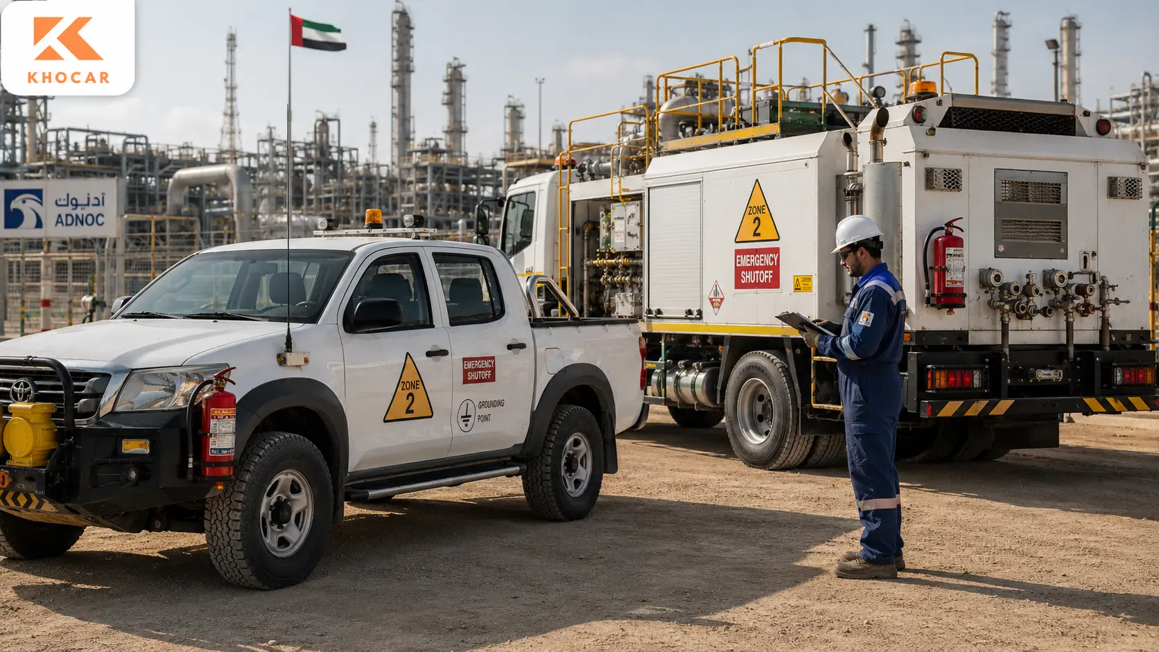 ADNOC Zone 2 vehicles with emergency shutoff, grounding point, and hazardous area safety equipment inspected at an Abu Dhabi oil and gas site