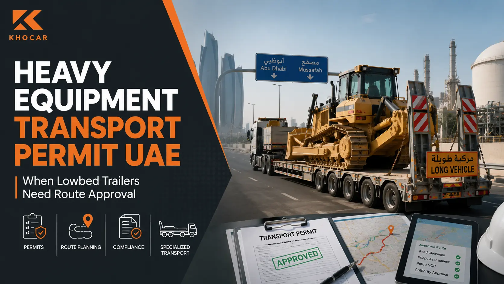 Heavy equipment transport permit UAE featured image showing a lowbed trailer carrying construction equipment with route approval and compliance documents.