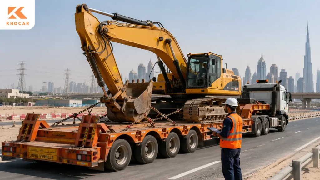 Excavator loaded on a lowbed trailer in the UAE with chains and tie-downs inspected for safe heavy equipment transport