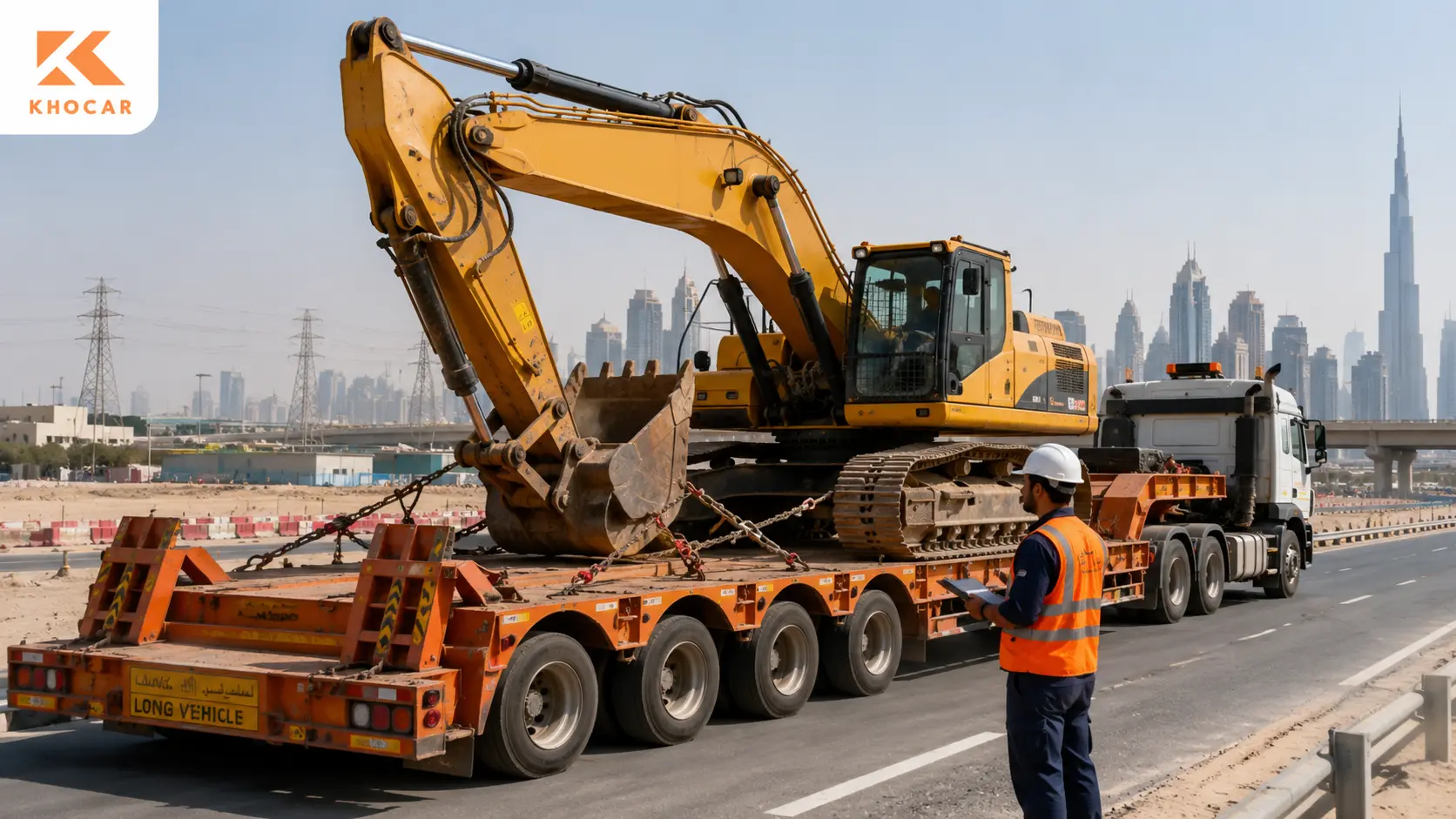Excavator loaded on a lowbed trailer in the UAE with chains and tie-downs inspected for safe heavy equipment transport