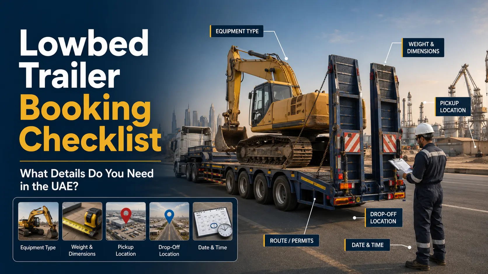 Lowbed trailer booking checklist in the UAE showing an excavator loaded on a lowbed trailer with key details such as equipment type, weight and dimensions, pickup location, drop-off location, route permits, and date and time.