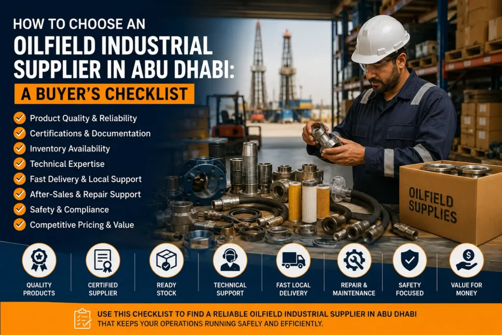 Checklist image showing key factors for choosing an oilfield industrial supplier in Abu Dhabi, including quality products, certifications, ready stock, technical support, fast delivery, repair support, safety compliance, and value for money.