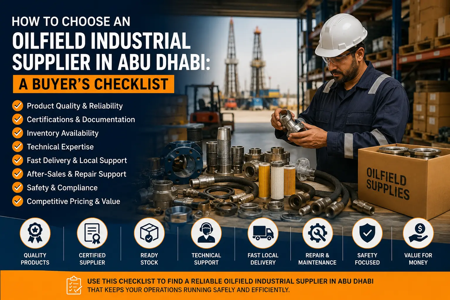 Checklist image showing key factors for choosing an oilfield industrial supplier in Abu Dhabi, including quality products, certifications, ready stock, technical support, fast delivery, repair support, safety compliance, and value for money.