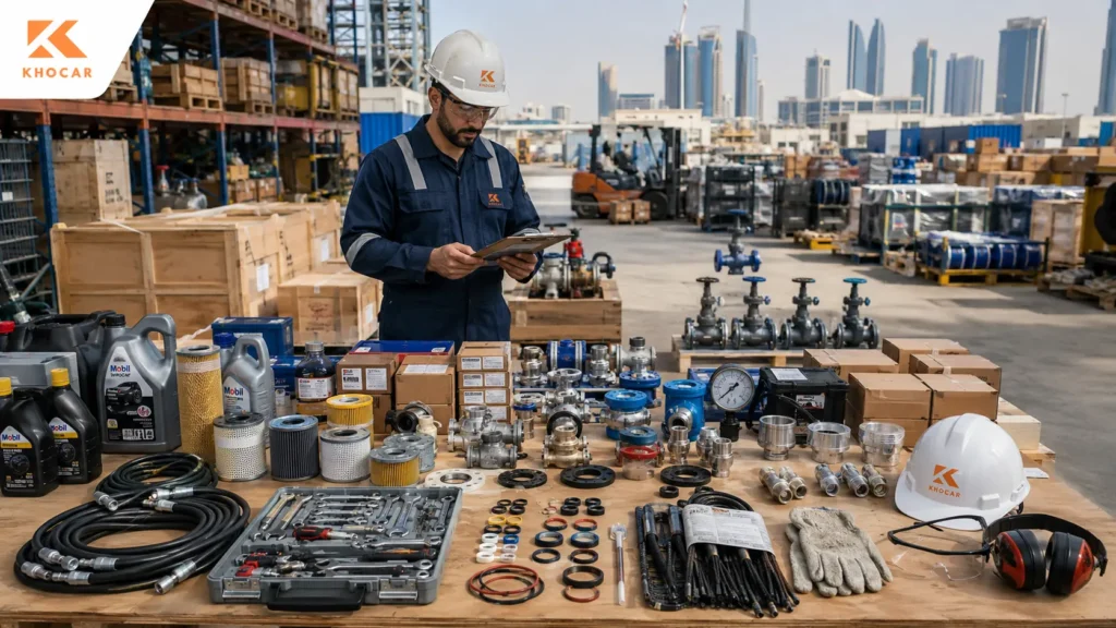 Oilfield industrial supplies in Abu Dhabi including valves, fittings, seals, hydraulic hoses, filters, lubricants, PPE, and tools prepared for ADNOC project mobilization