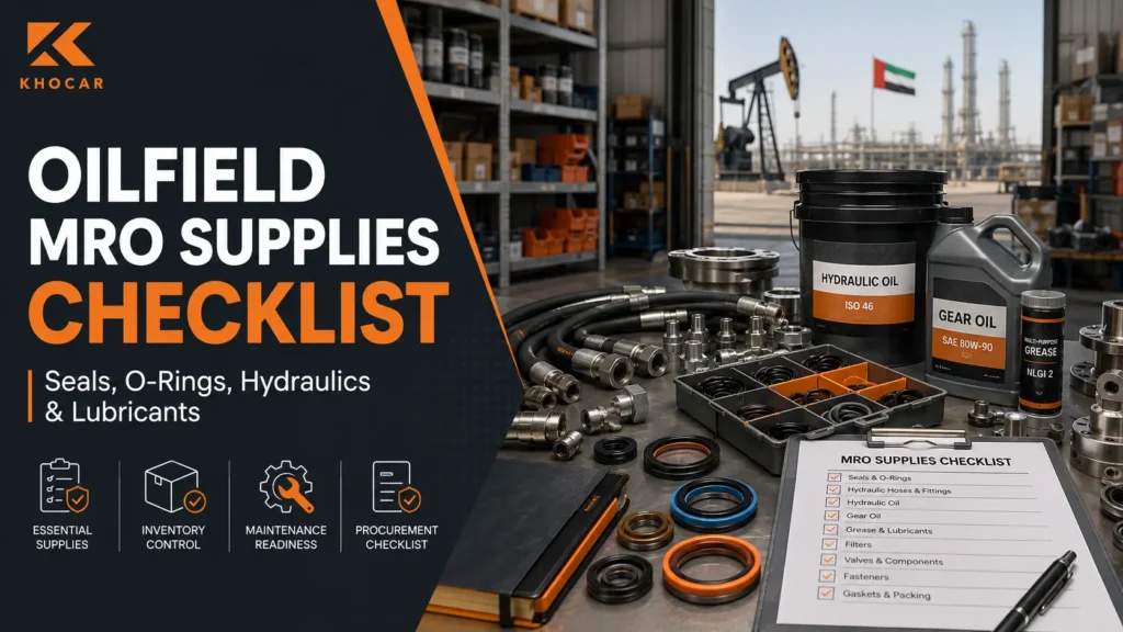Oilfield MRO supplies Abu Dhabi featured image showing seals, O-rings, hydraulic hoses, lubricants, spare parts, and a maintenance checklist.