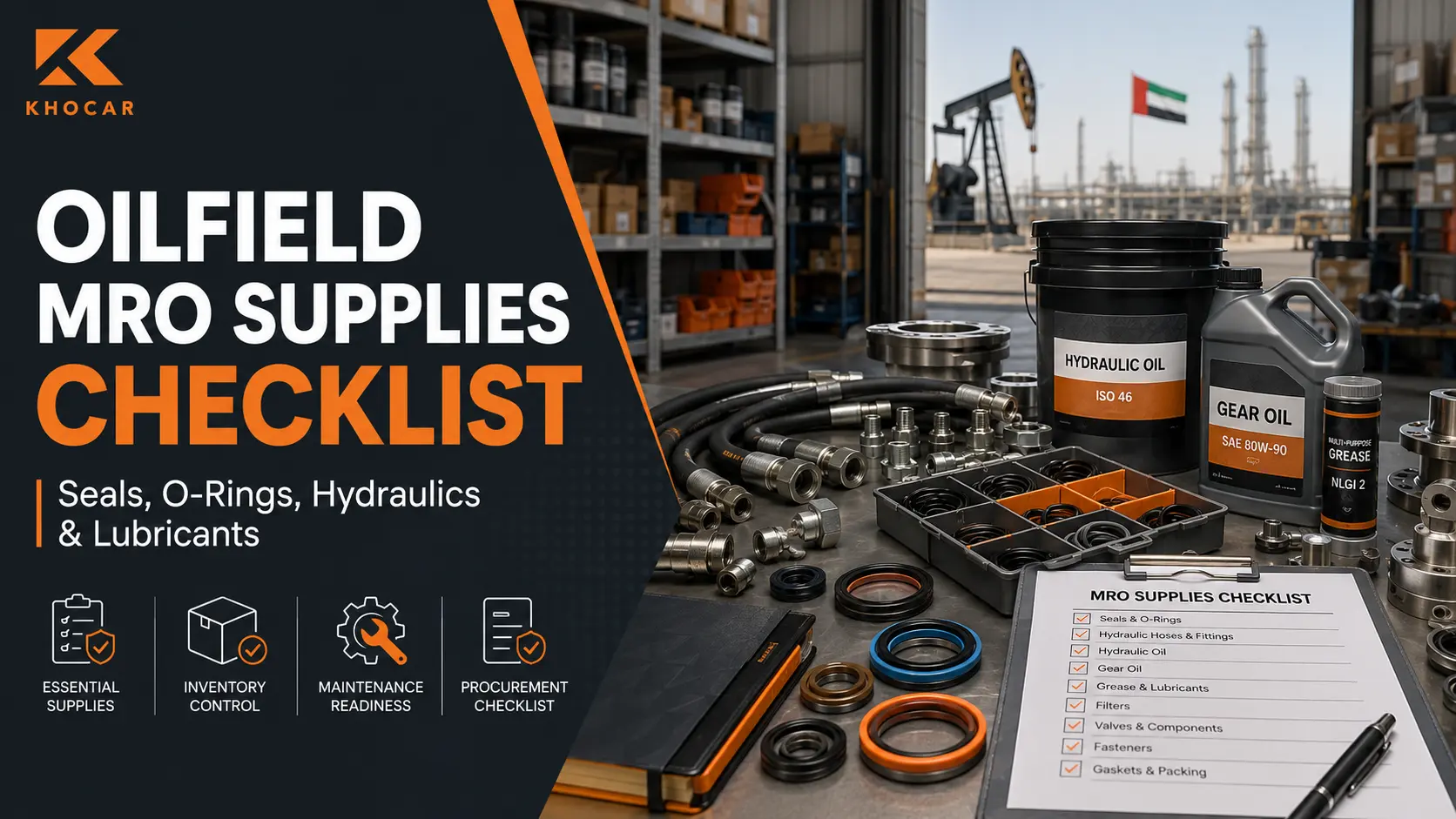 Oilfield MRO supplies Abu Dhabi featured image showing seals, O-rings, hydraulic hoses, lubricants, spare parts, and a maintenance checklist.