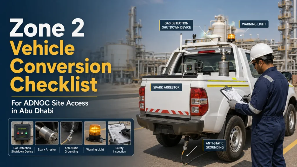 Zone 2 vehicle conversion checklist showing an inspected oilfield service truck with gas detection, spark arrestor, anti-static grounding, warning light, and safety inspection features for ADNOC site access in Abu Dhabi.