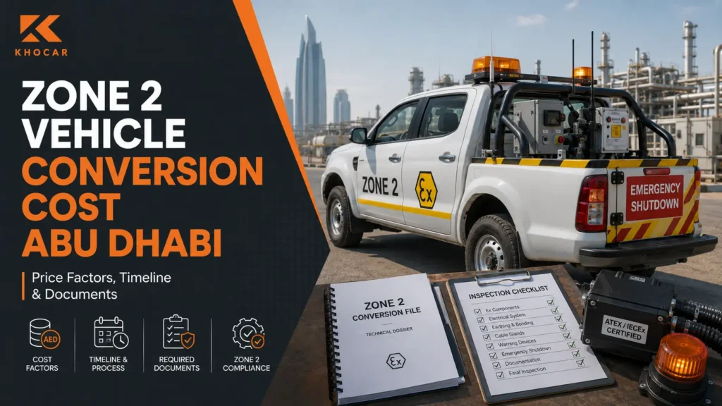 Zone 2 vehicle conversion cost Abu Dhabi featured image showing a modified pickup with safety equipment, inspection documents, and certified components.