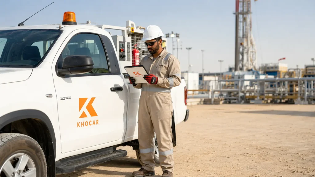 KhoCAR technician inspecting a Zone 2 service vehicle at a UAE oilfield site for ATEX and IECEx compliance.