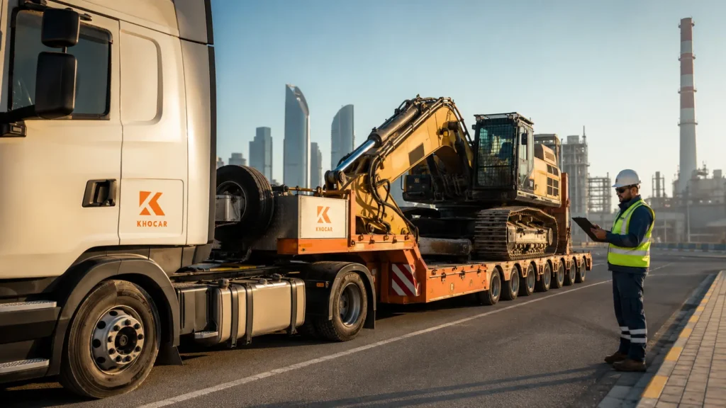 Lowbed trailer carrying heavy equipment in Abu Dhabi with a logistics worker checking route planning details