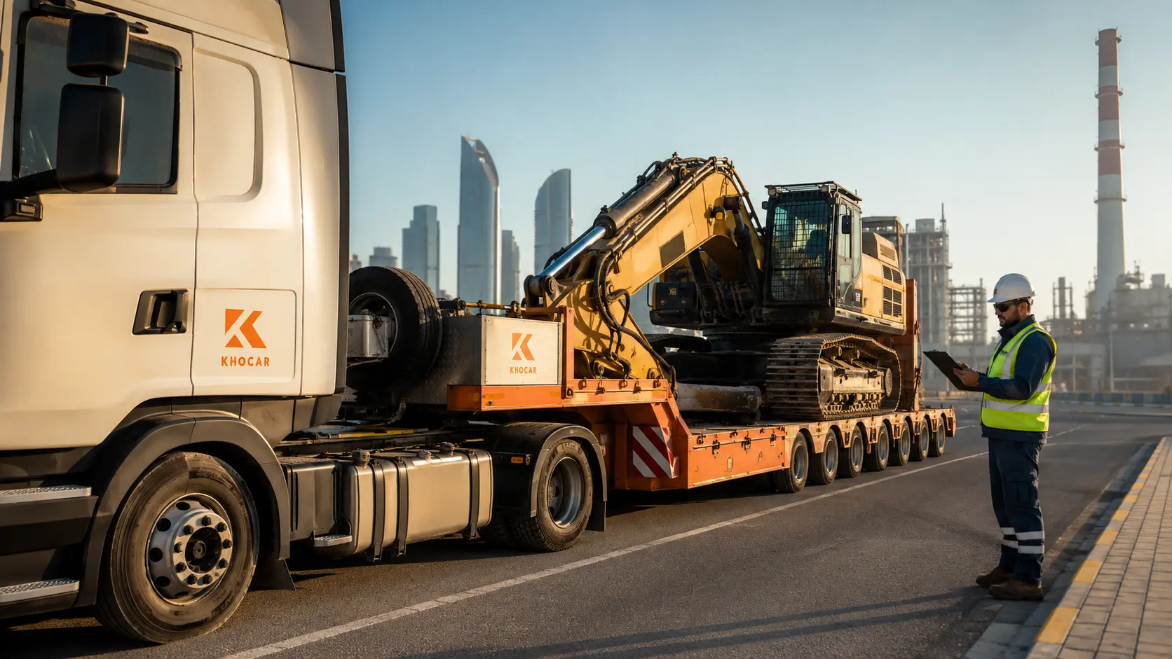 Lowbed trailer carrying heavy equipment in Abu Dhabi with a logistics worker checking route planning details