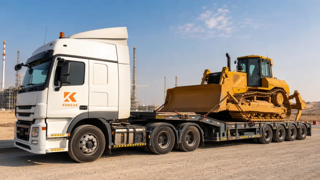 KhoCAR lowbed trailer transporting a secured yellow bulldozer in a UAE industrial area.