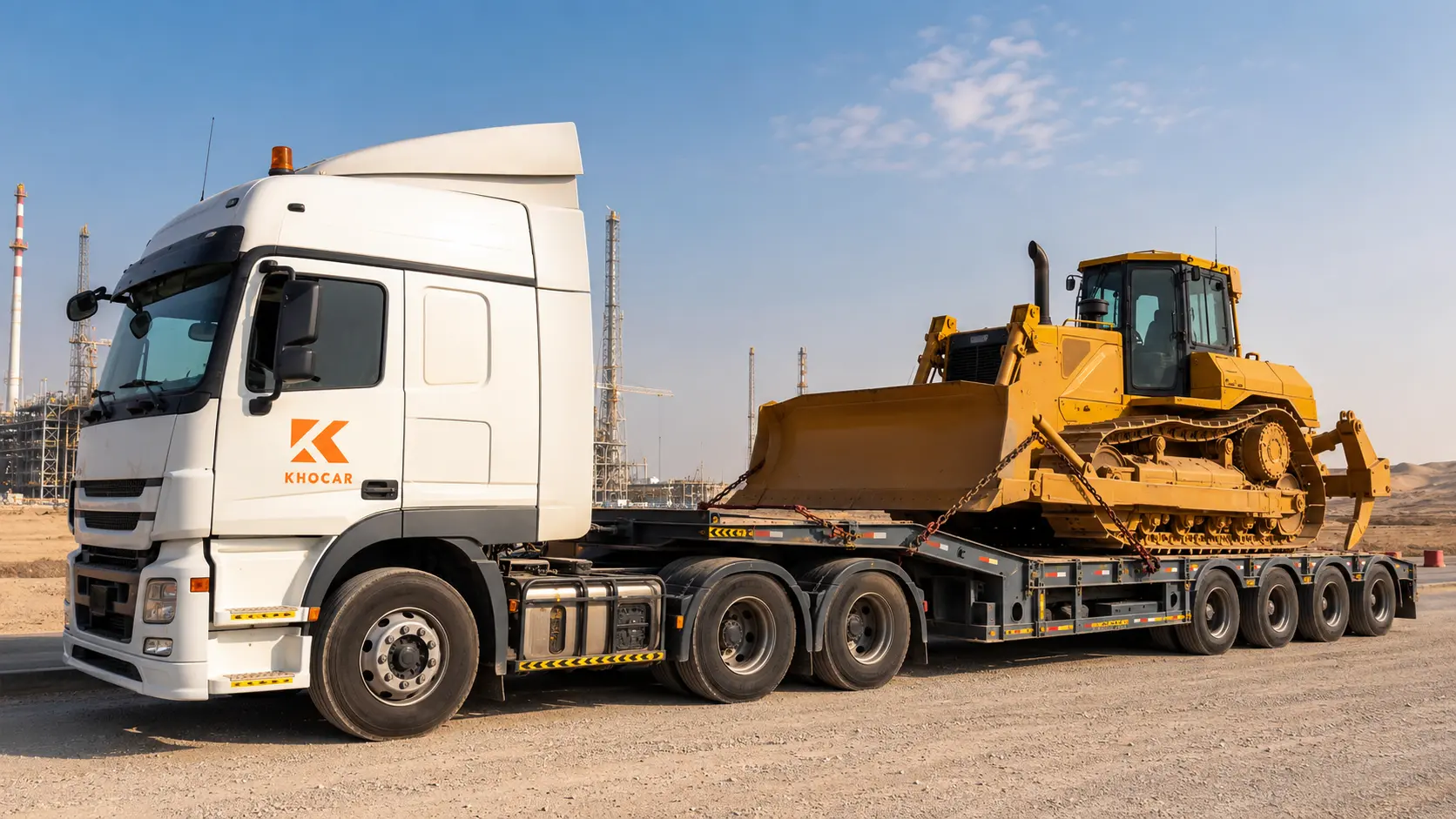 KhoCAR lowbed trailer transporting a secured yellow bulldozer in a UAE industrial area.