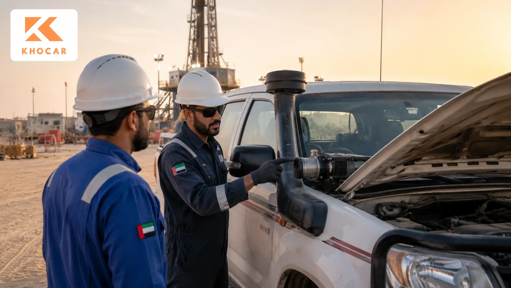 Oilfield technicians inspecting a diesel air intake shutoff valve on a Zone 2 vehicle in the UAE with the KHOCAR logo.