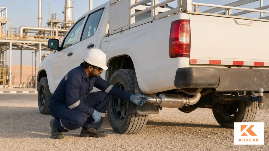 Technician inspecting a diesel engine spark arrestor on a Zone 2 service vehicle at a UAE oilfield.