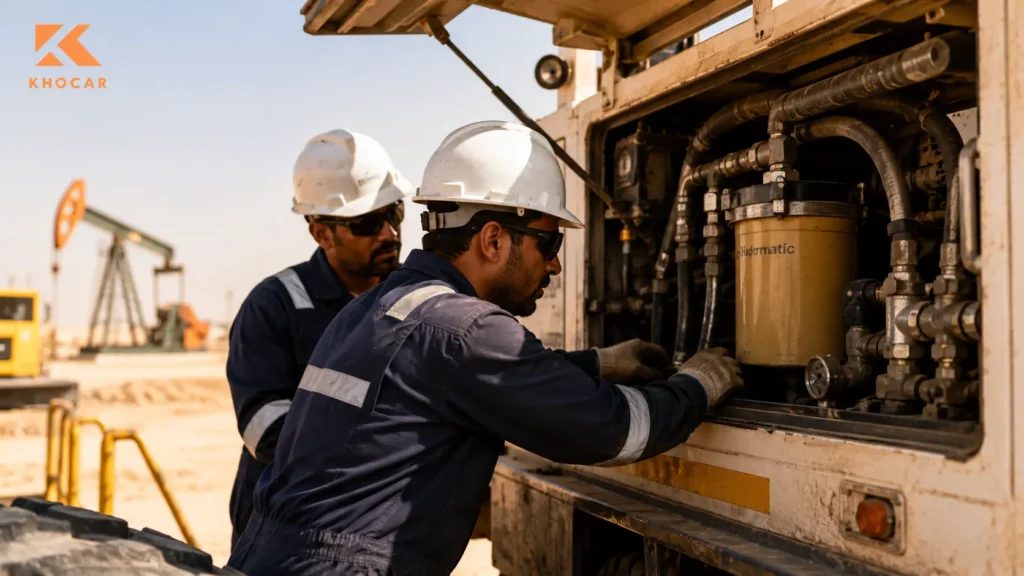 KHOCAR technicians inspecting hydraulic oil components on oilfield equipment during UAE summer heat.