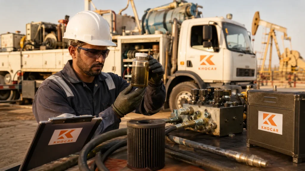 Technician inspecting a contaminated hydraulic oil sample near oilfield equipment and hydraulic components in the UAE