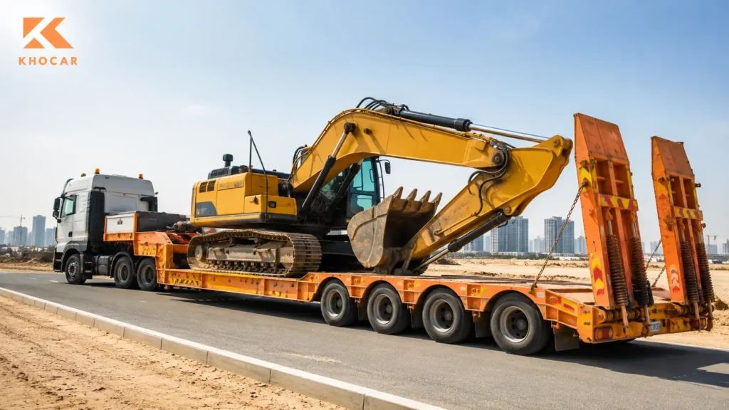 KHOCAR lowbed trailer transporting an excavator for heavy equipment transport in the UAE.