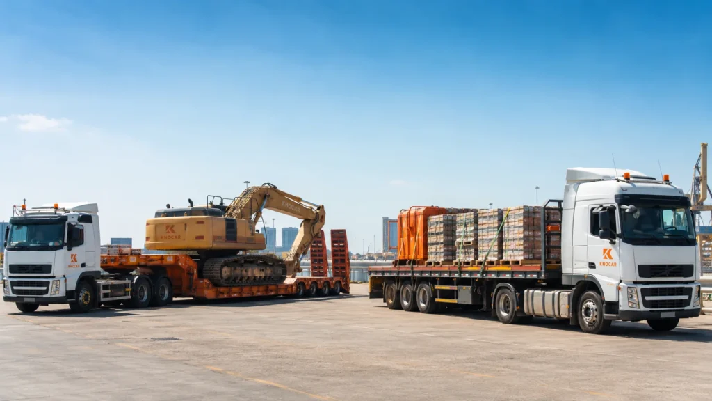KHOCAR lowbed trailer carrying an excavator beside a flatbed trailer transporting industrial cargo in the UAE.