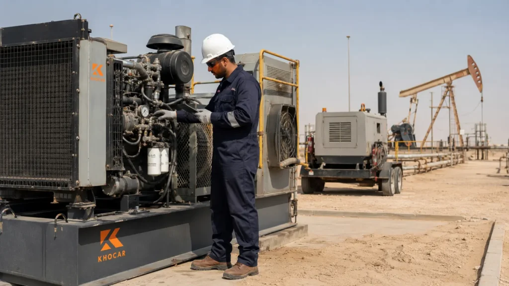Oilfield technician inspecting diesel-powered equipment during preventive maintenance at a UAE oilfield.