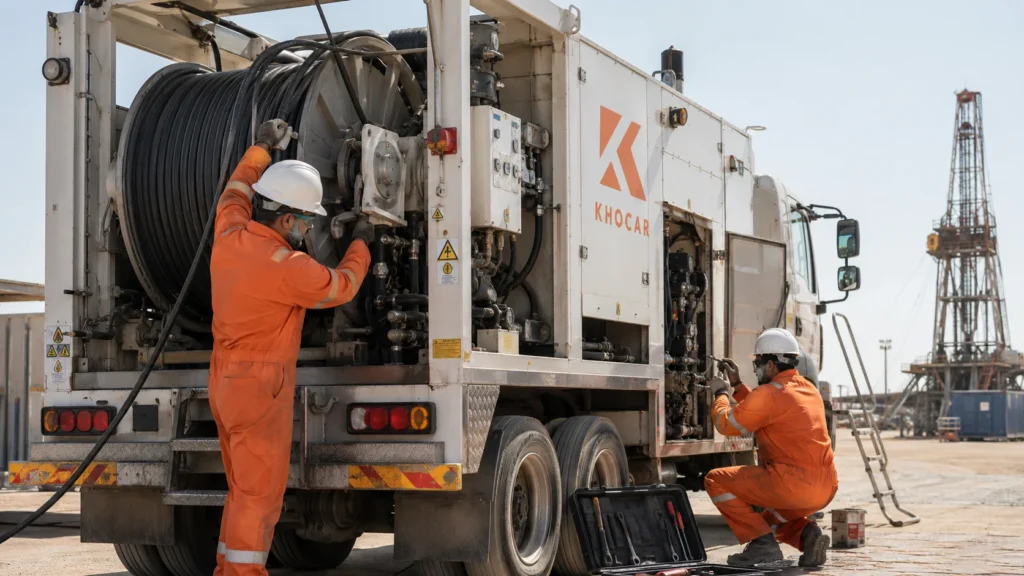 Technicians performing wireline logging unit maintenance on a KHOCAR service truck at an Abu Dhabi oilfield site.