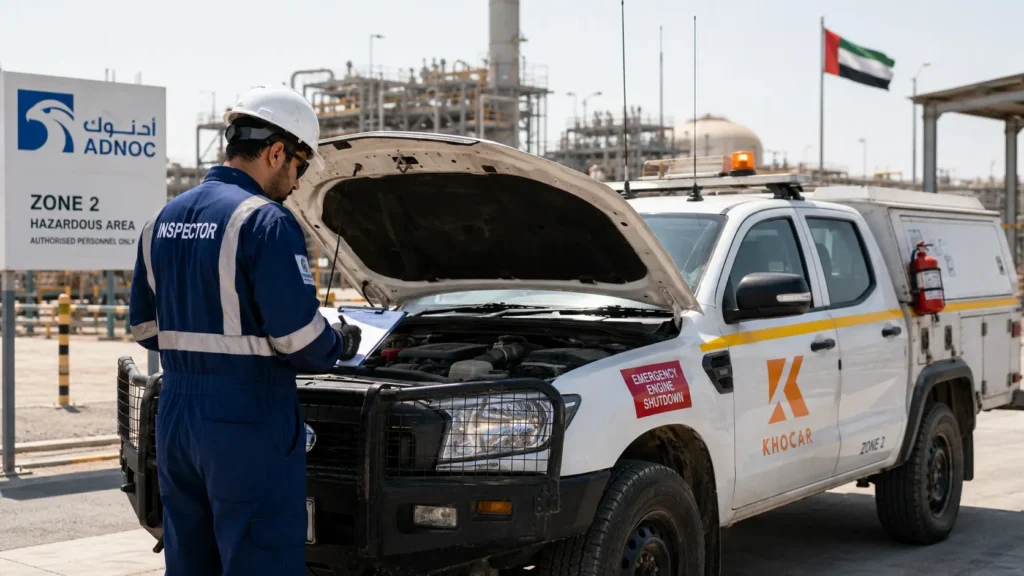 Inspector conducting a Zone 2 vehicle inspection in Abu Dhabi on a KHOCAR service vehicle before ADNOC site mobilization.