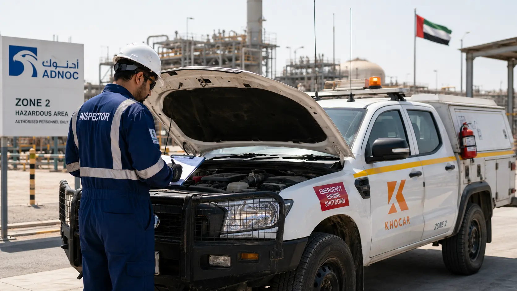 Inspector conducting a Zone 2 vehicle inspection in Abu Dhabi on a KHOCAR service vehicle before ADNOC site mobilization.