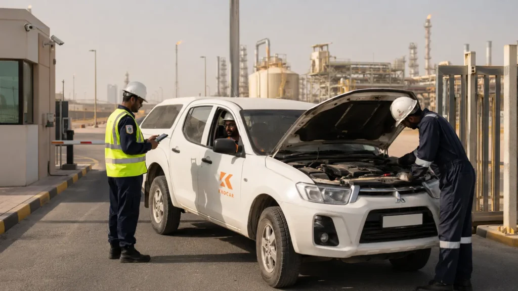 KhoCAR vehicle undergoing a CICPA site access check and Zone 2 safety inspection at an Abu Dhabi oilfield facility.
