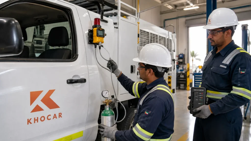 KhoCAR technicians bump testing a Zone 2 vehicle gas detector and checking the engine-shutdown system in a UAE workshop.