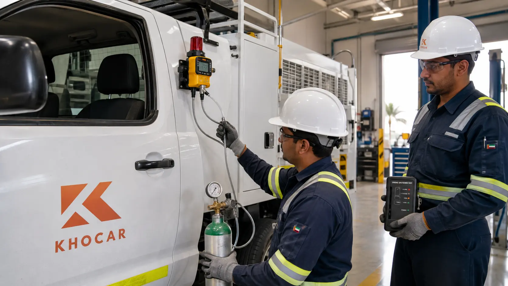 KhoCAR technicians bump testing a Zone 2 vehicle gas detector and checking the engine-shutdown system in a UAE workshop.