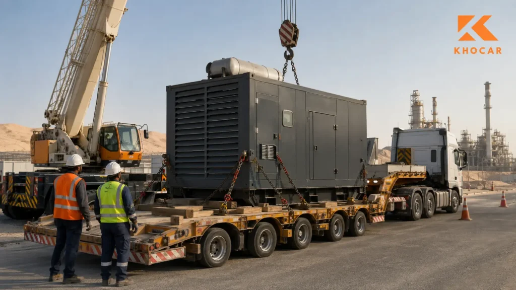 Diesel generator secured on a lowbed trailer beside a mobile crane and safety crew at a UAE industrial site