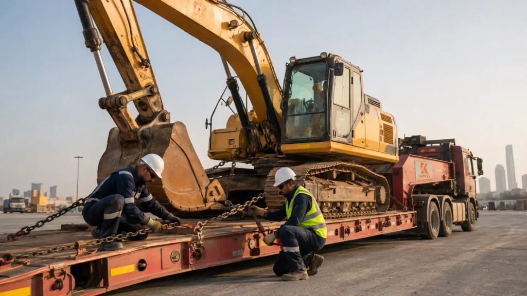 Two transport workers secure an excavator with chains on a KhoCAR-branded lowbed trailer in the UAE.