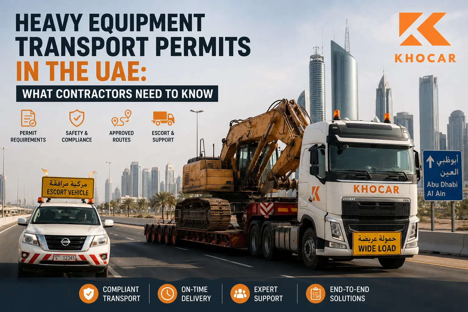 Heavy equipment transport truck carrying an excavator on a UAE highway with an escort vehicle and KhoCAR branding
