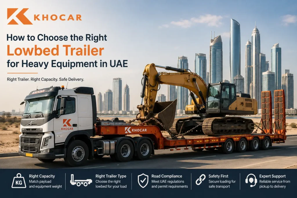 KHOCAR lowbed trailer transporting a heavy excavator for equipment transport in the UAE