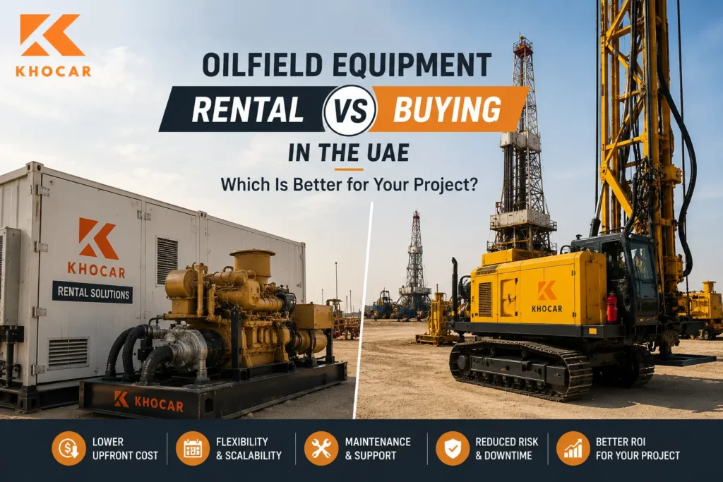 Oilfield equipment rental versus buying in the UAE, showing industrial oilfield equipment and drilling operations