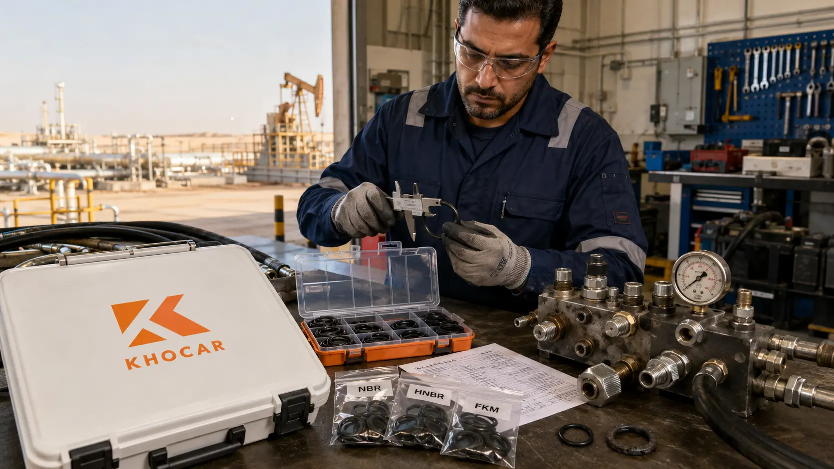 KhoCAR technician comparing NBR, HNBR and FKM O-rings beside hydraulic oilfield equipment in a UAE workshop.
