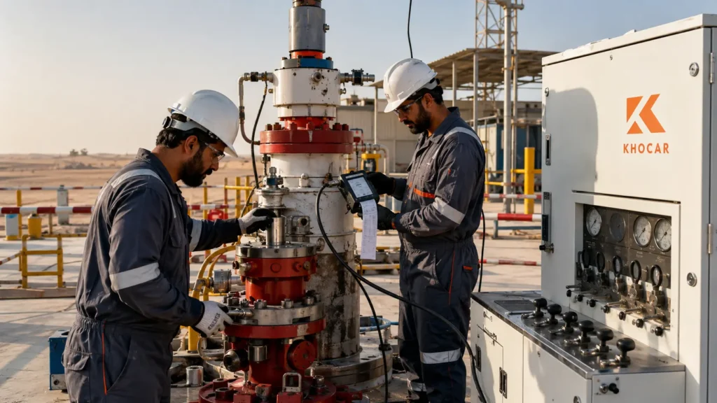 KhoCAR technicians inspecting wireline pressure control equipment before mobilization at a UAE oilfield facility.