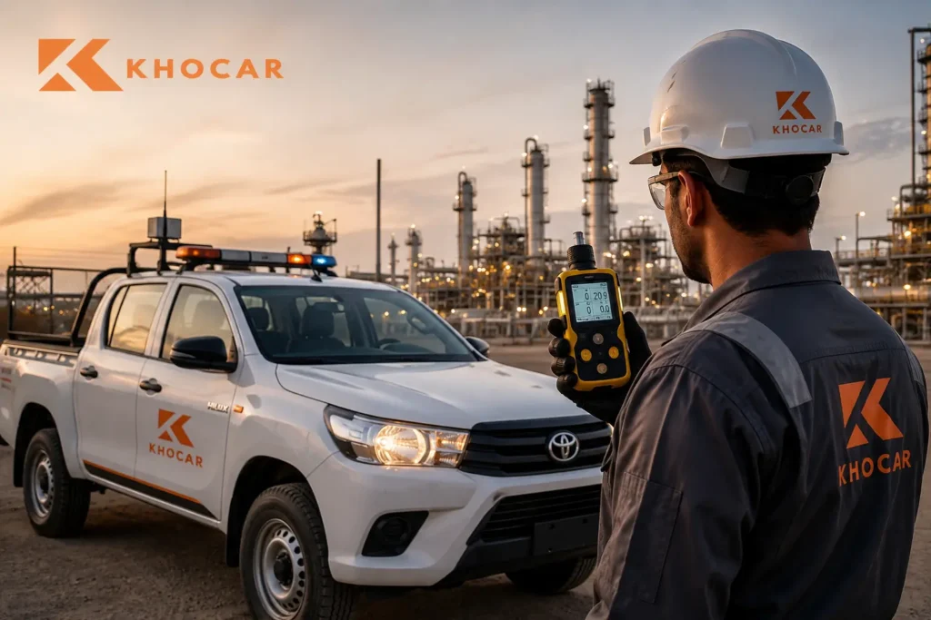 KHOCAR vehicle equipped for Zone 2 operations with a gas detector at a UAE oilfield facility