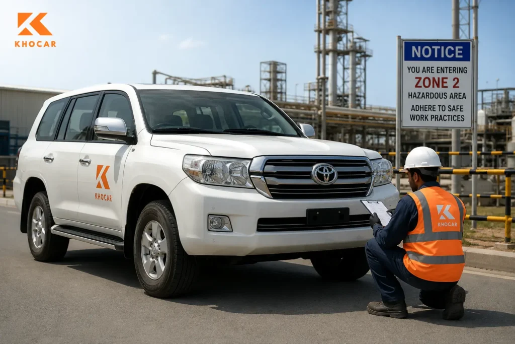 White Toyota SUV undergoing Zone 2 vehicle inspection in UAE with a safety inspector at an industrial hazardous area site