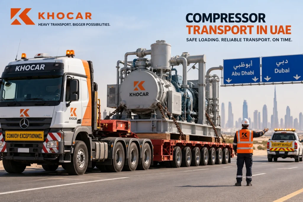 KHOCAR compressor transport UAE using a lowbed trailer on a UAE highway