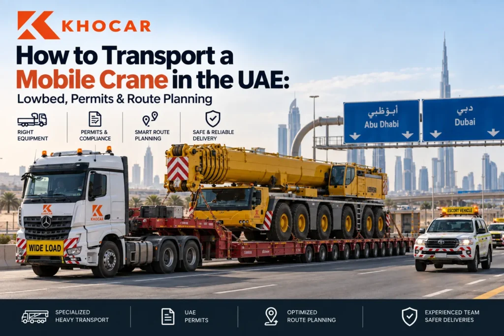 KHOCAR mobile crane transport UAE using a multi-axle lowbed trailer